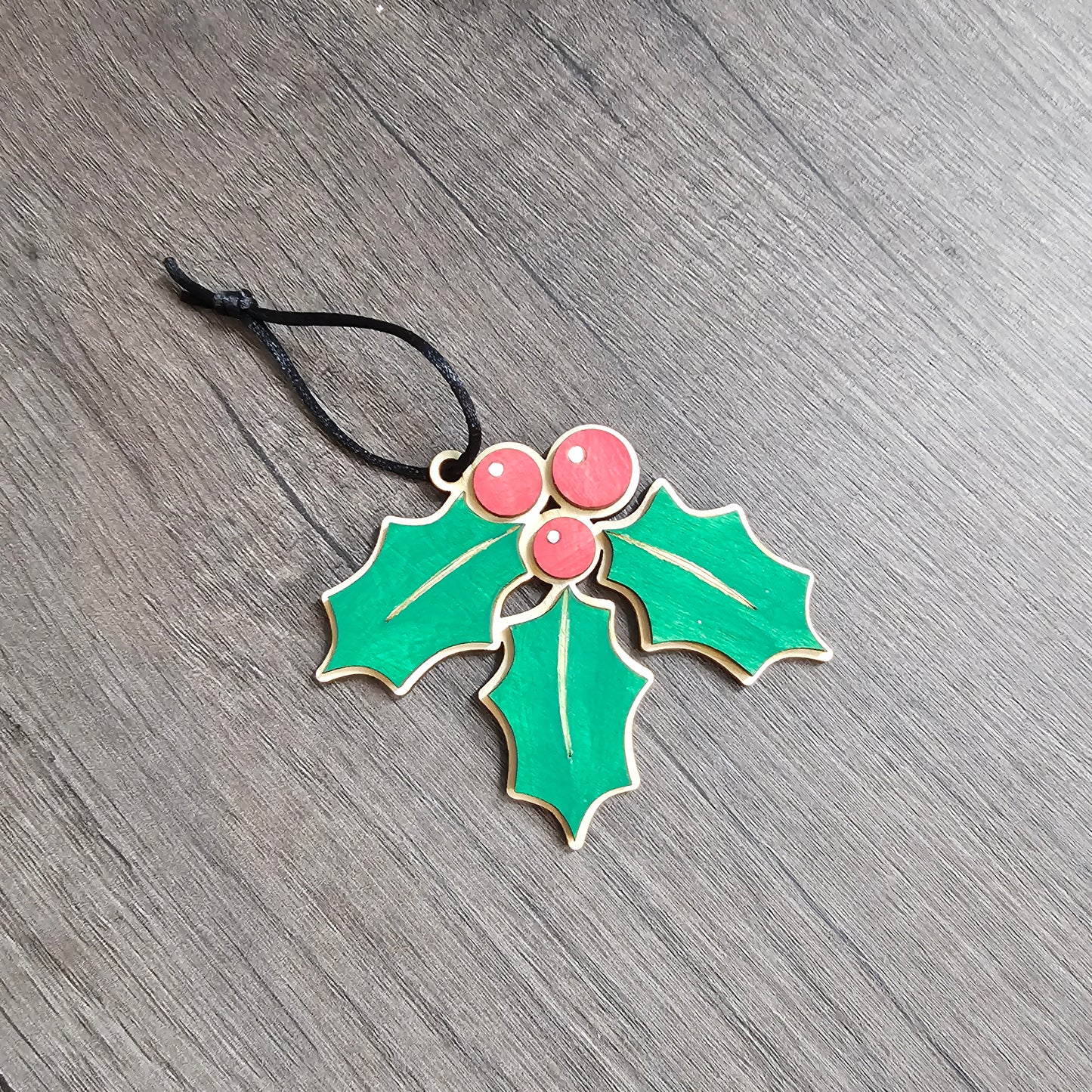 Hand Painted Wooden Holly Ornament