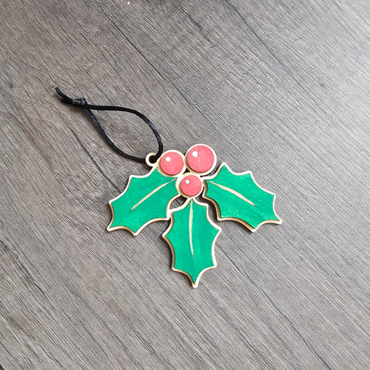 Hand Painted Wooden Holly Ornament